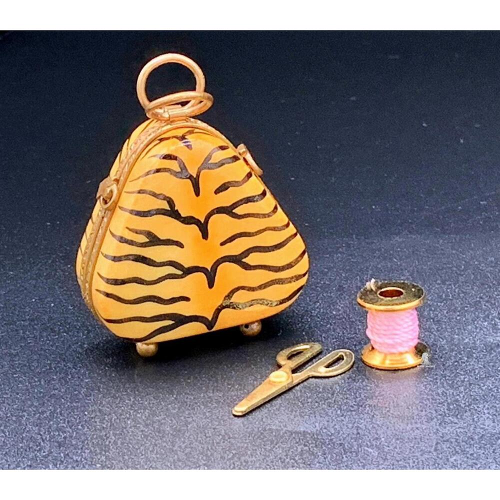 Authetic Limoges Tiger Stripe Sewing Trinket Box Mini Scissor Spool Tailor Charm
